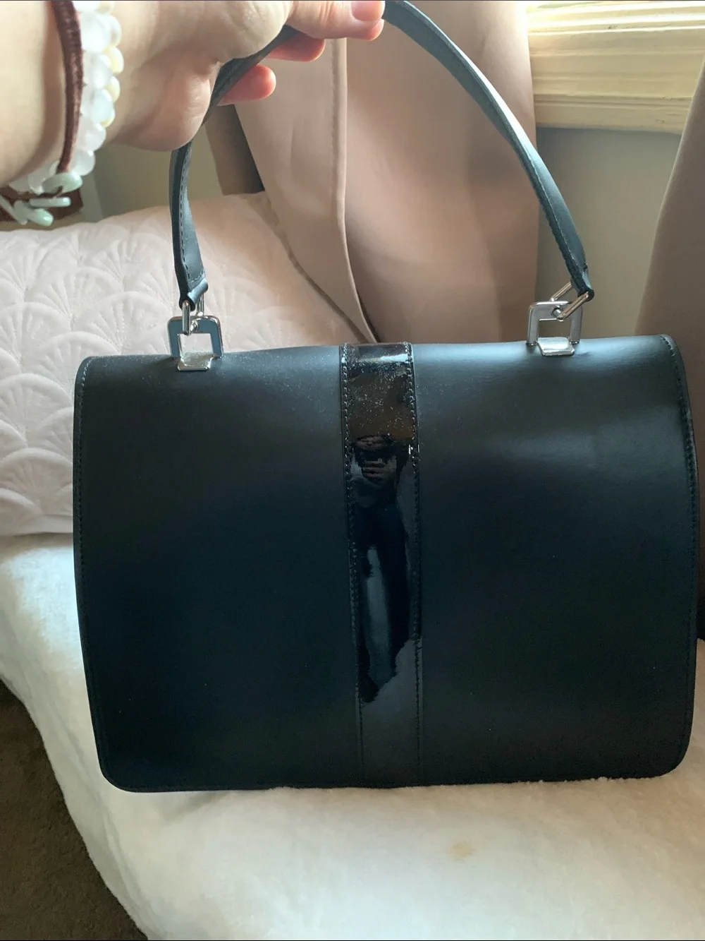 Tosca Blu  Classic -Black Top-Handle Leather Bag  Made in Italy